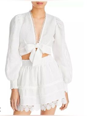 Waimari
Chloe Linen White Tie-Front Crochet Trim Cropped Top Blouse size small